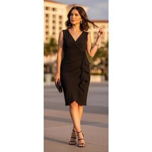 WHBM NWT Black V-Neck Ruffle Midi Dress XS • Slimming Ruched Cocktail Sheath